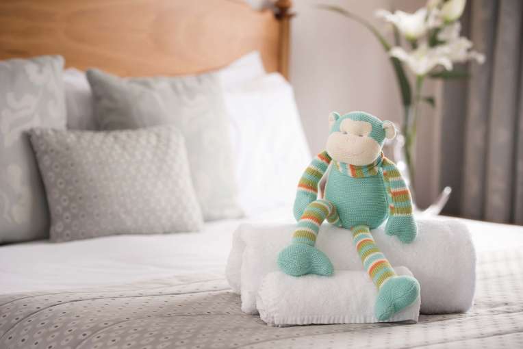 Saunton Sands Hotel Accommodation Bedroom Cuddly Monkey Childs Soft Toy on Bed